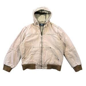 Vintage Canvas Hooded Workwear Jacket Sherpa Lined Distressed Tan Boxy Large